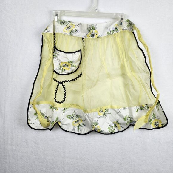Vtg Sheer Half Hostess Apron Dainty Floral Yellow Organza Black Trim Cottagecore - Picture 1 of 8